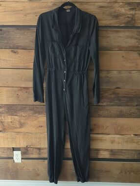 Simons Black Long-Sleeve Button-Front Jumpsuit with Elastic Waist